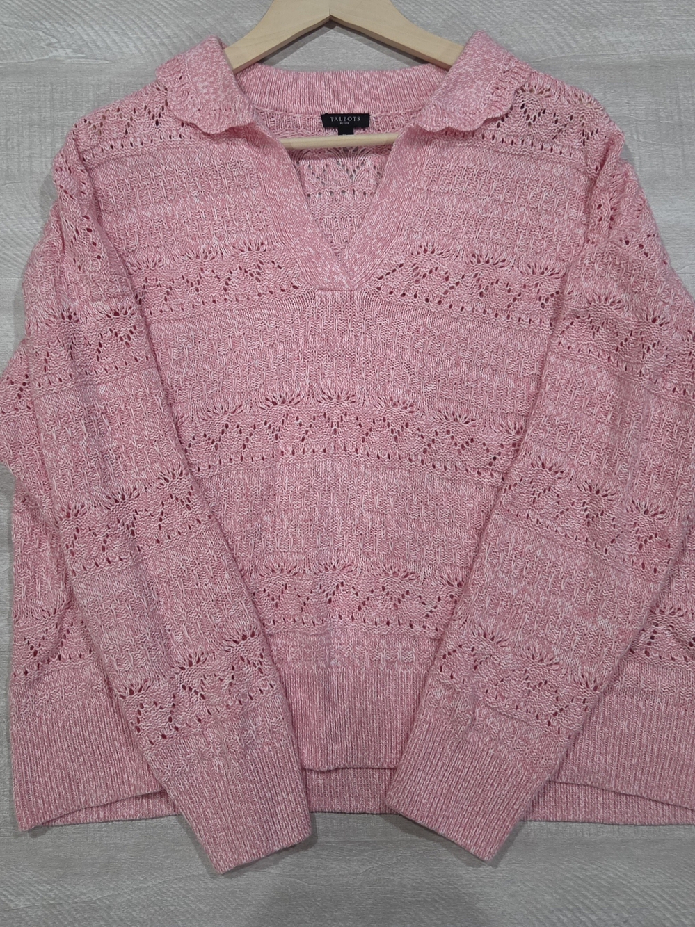 Talbots Pink Open-Stitch V-Neck Collared Sweater - Picture 3 of 8